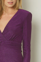 Entro Purple Glittery V-Neck Long Sleeve Mini Dress Featuring Knot Detail At Waist Front-Dresses-Entro-Deja Nu Boutique, Women's Fashion Boutique in Lampasas, Texas