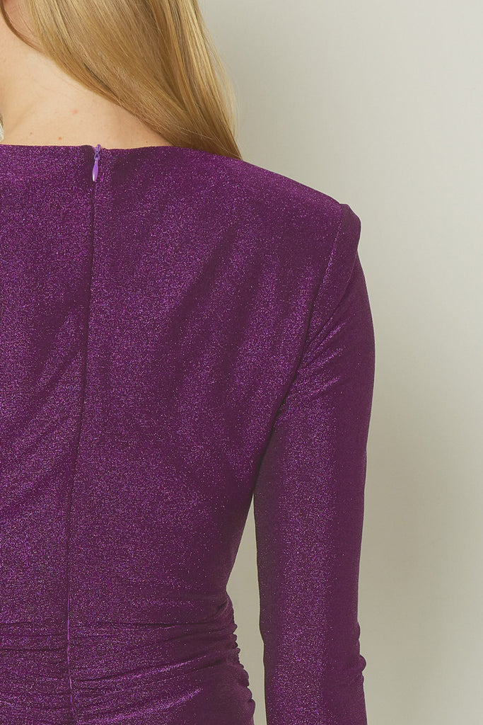 Entro Purple Glittery V-Neck Long Sleeve Mini Dress Featuring Knot Detail At Waist Front-Dresses-Entro-Deja Nu Boutique, Women's Fashion Boutique in Lampasas, Texas