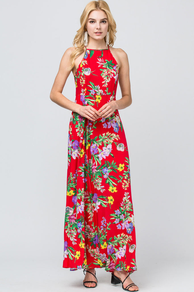 Entro Red Floral Print Maxi Dress-Maxi Dresses-Entro-Deja Nu Boutique, Women's Fashion Boutique in Lampasas, Texas