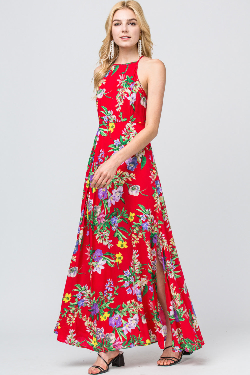 Entro Red Floral Print Maxi Dress-Maxi Dresses-Entro-Deja Nu Boutique, Women's Fashion Boutique in Lampasas, Texas