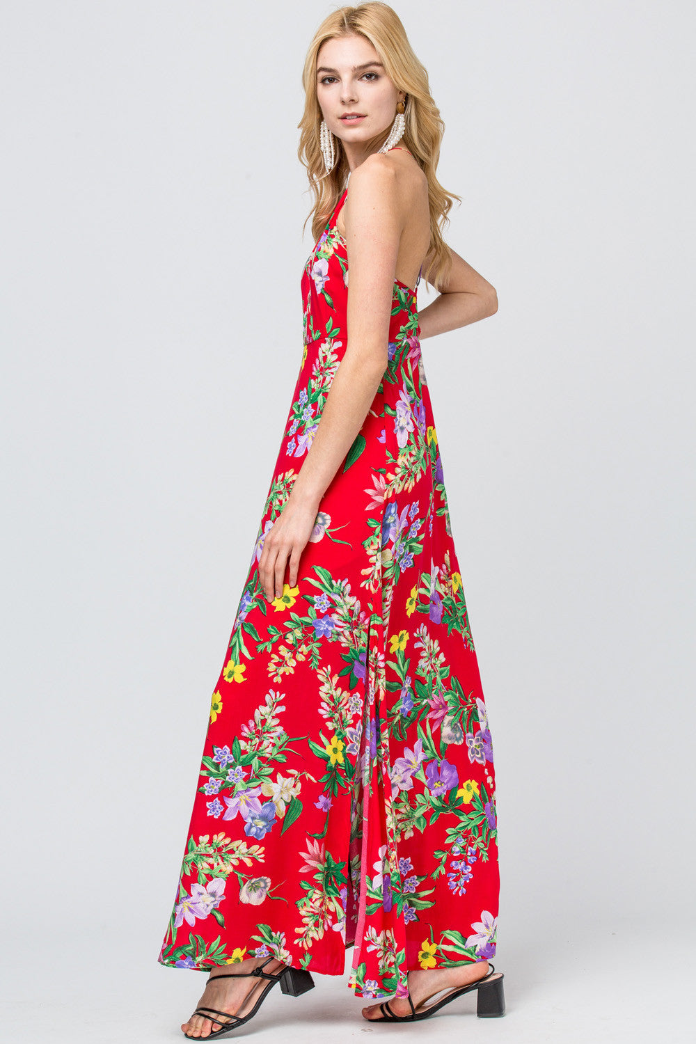 Entro Red Floral Print Maxi Dress-Maxi Dresses-Entro-Deja Nu Boutique, Women's Fashion Boutique in Lampasas, Texas