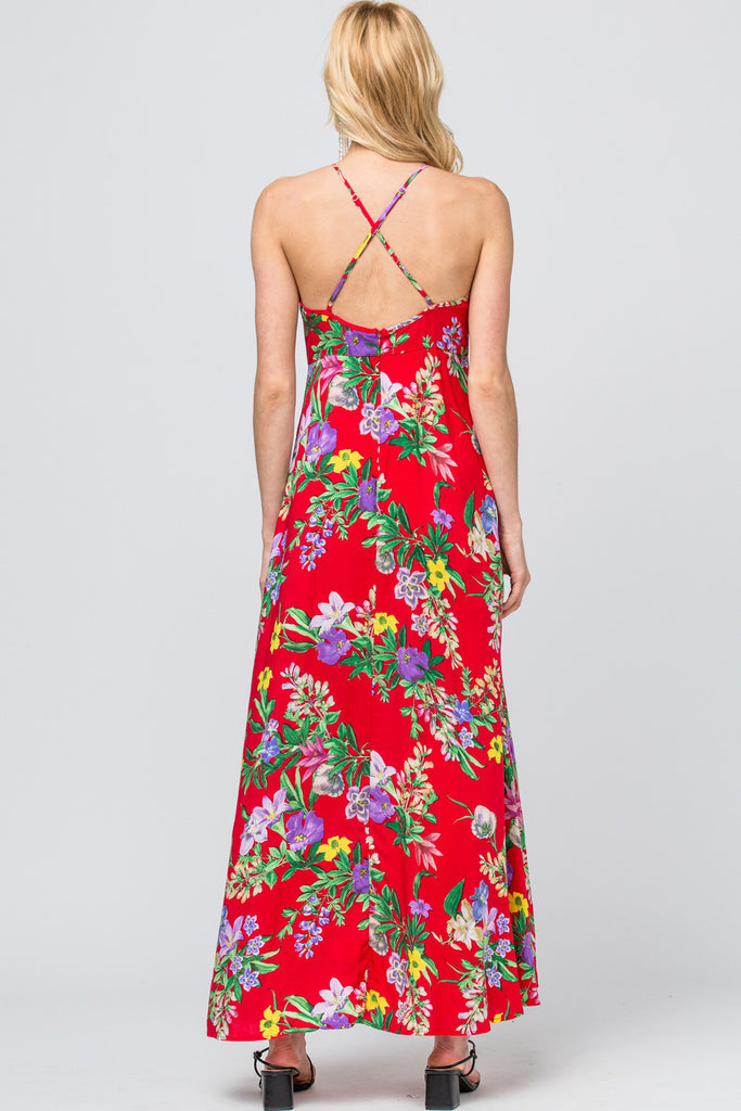 Entro Red Floral Print Maxi Dress-Maxi Dresses-Entro-Deja Nu Boutique, Women's Fashion Boutique in Lampasas, Texas
