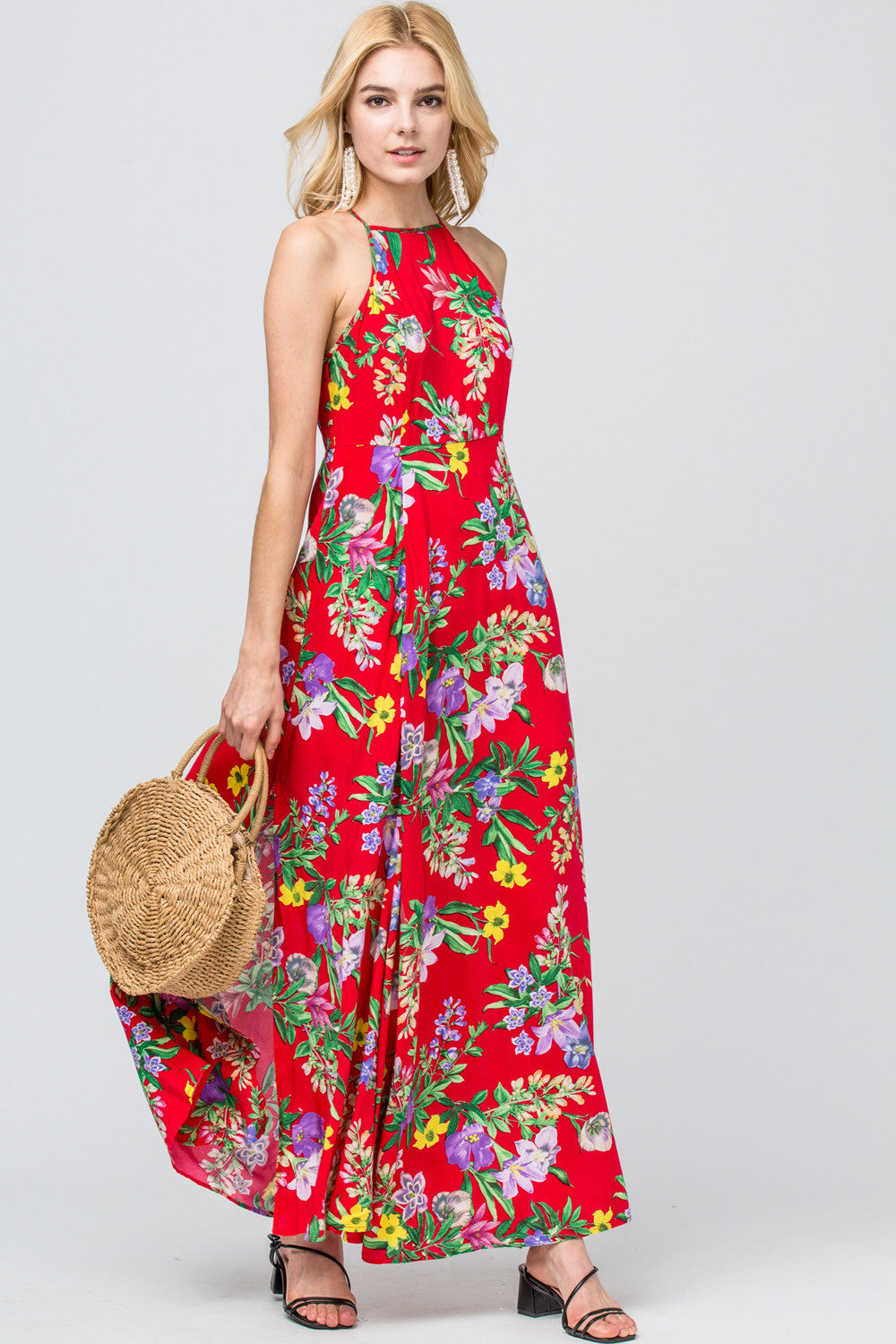 Entro Red Floral Print Maxi Dress-Maxi Dresses-Entro-Deja Nu Boutique, Women's Fashion Boutique in Lampasas, Texas