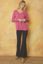 Entro Ribbed V Neck Long Sleeve Top With Front Pocket In Magenta-Long Sleeves-Entro-Deja Nu Boutique, Women's Fashion Boutique in Lampasas, Texas