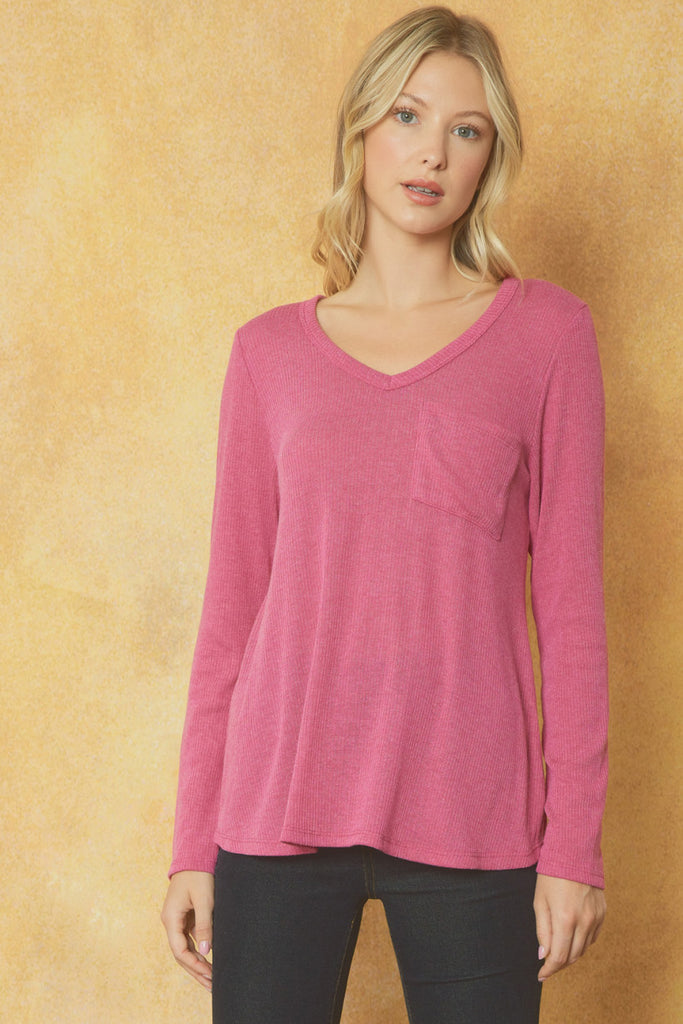 Entro Ribbed V Neck Long Sleeve Top With Front Pocket In Magenta-Long Sleeves-Entro-Deja Nu Boutique, Women's Fashion Boutique in Lampasas, Texas