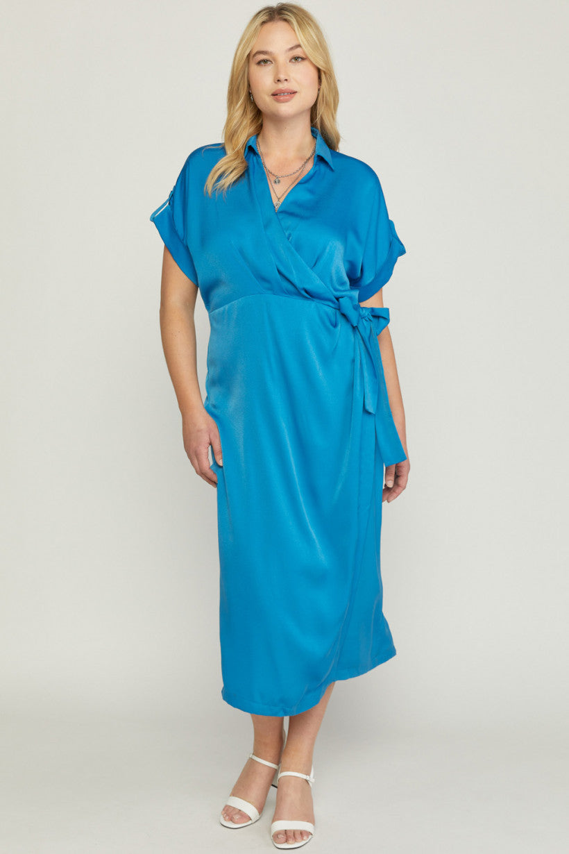 Entro Royal Blue Satin Wrap Dress With Side Self Tie Closure Plus-Curvy/Plus Maxi Dresses-Entro-Deja Nu Boutique, Women's Fashion Boutique in Lampasas, Texas