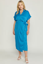 Entro Royal Blue Satin Wrap Dress With Side Self Tie Closure Plus-Curvy/Plus Maxi Dresses-Entro-Deja Nu Boutique, Women's Fashion Boutique in Lampasas, Texas