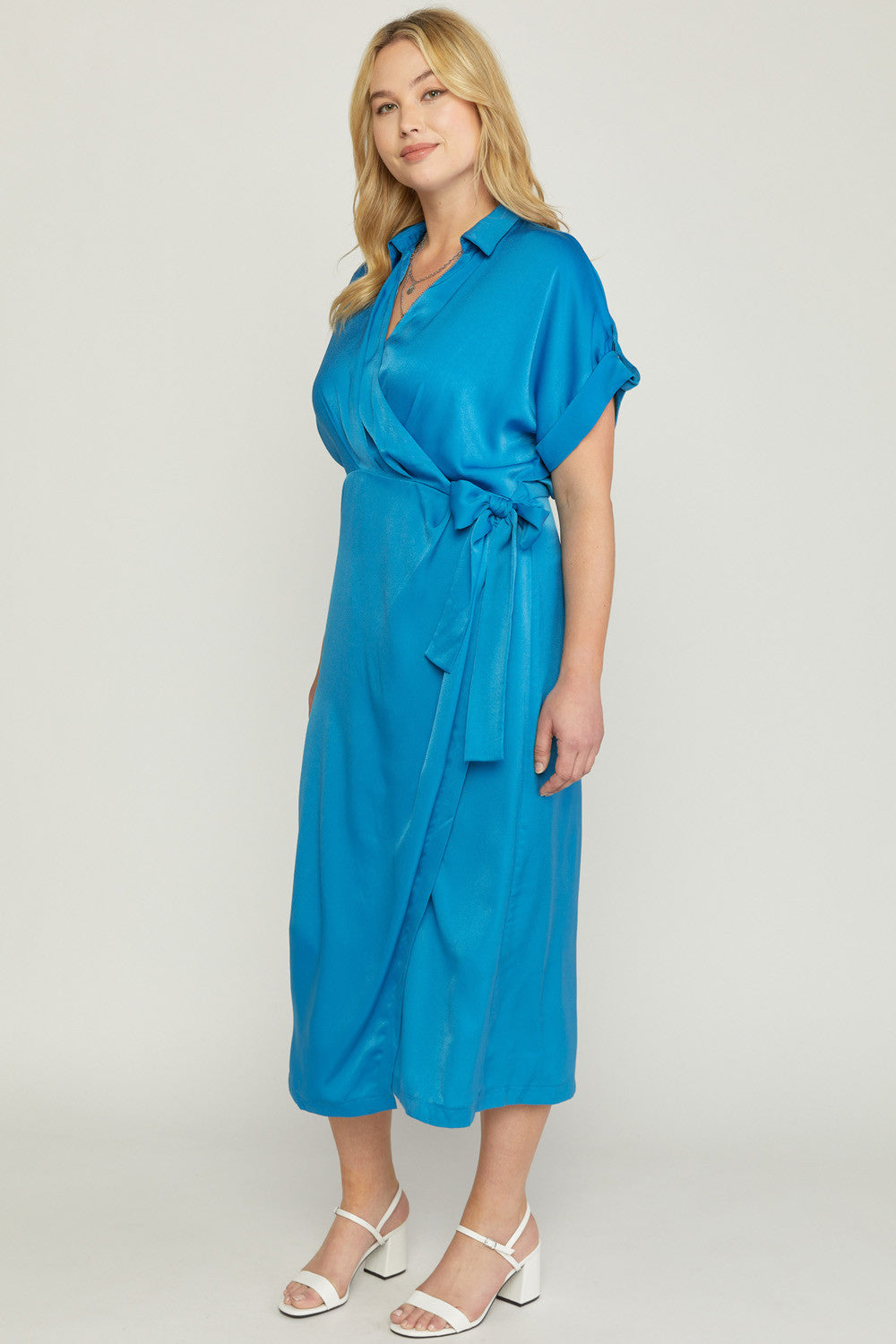 Entro Royal Blue Satin Wrap Dress With Side Self Tie Closure Plus-Curvy/Plus Maxi Dresses-Entro-Deja Nu Boutique, Women's Fashion Boutique in Lampasas, Texas