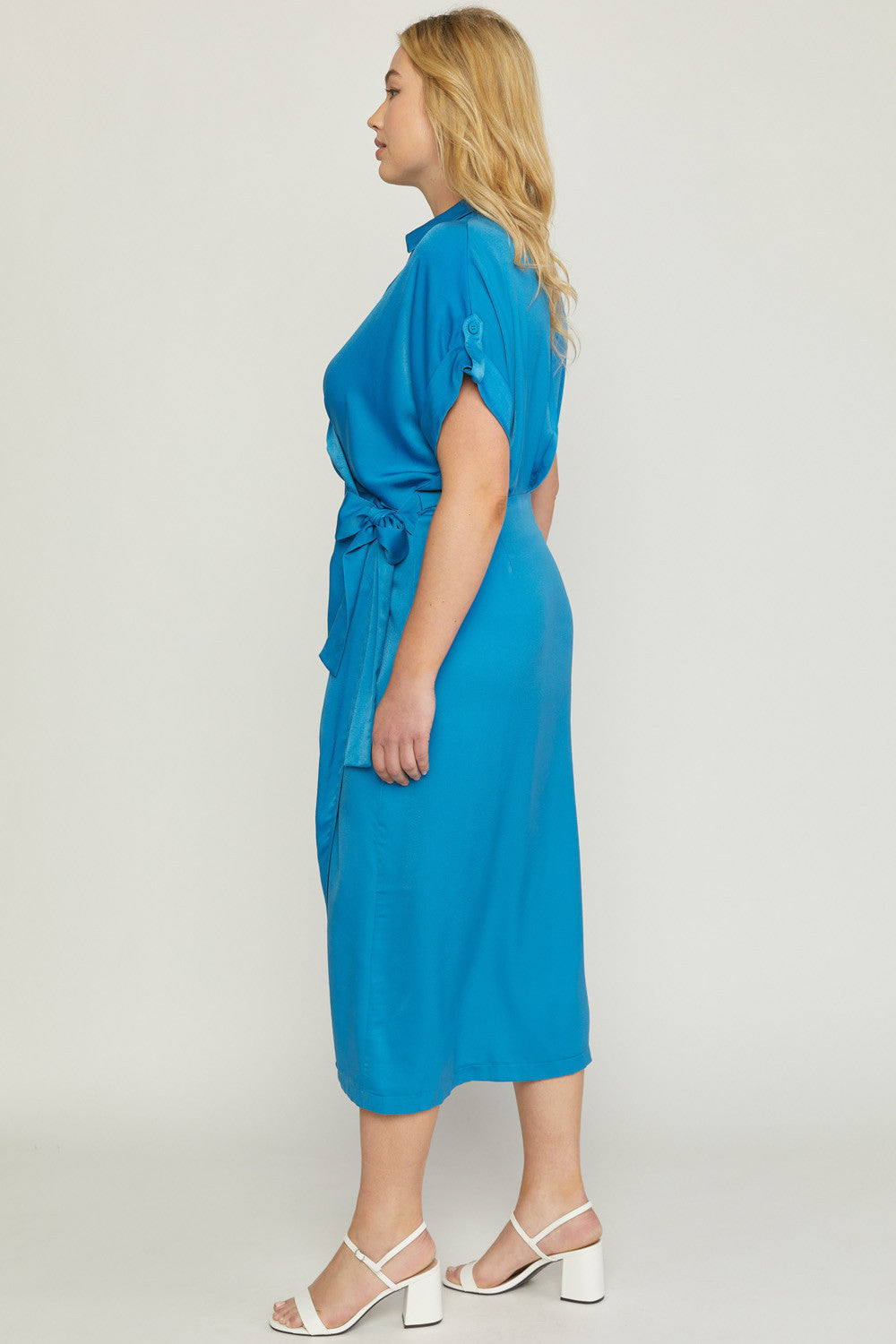 Entro Royal Blue Satin Wrap Dress With Side Self Tie Closure Plus-Curvy/Plus Maxi Dresses-Entro-Deja Nu Boutique, Women's Fashion Boutique in Lampasas, Texas