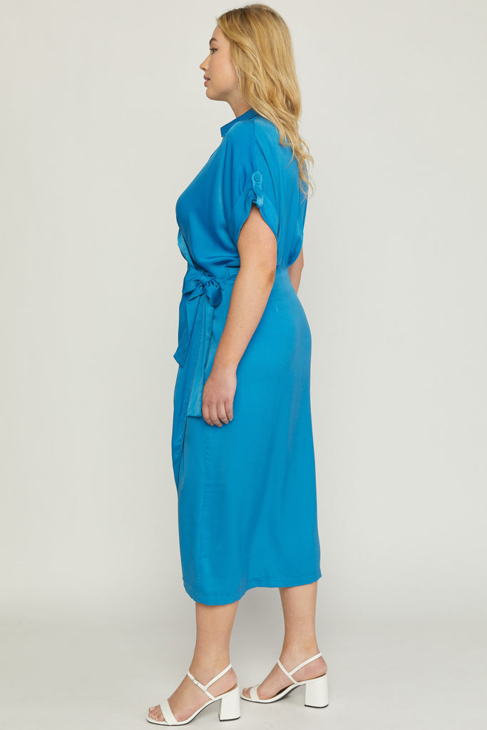 Entro Royal Blue Satin Wrap Dress With Side Self Tie Closure Plus-Curvy/Plus Maxi Dresses-Entro-Deja Nu Boutique, Women's Fashion Boutique in Lampasas, Texas