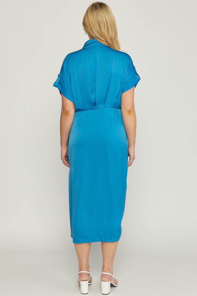 Entro Royal Blue Satin Wrap Dress With Side Self Tie Closure Plus-Curvy/Plus Maxi Dresses-Entro-Deja Nu Boutique, Women's Fashion Boutique in Lampasas, Texas