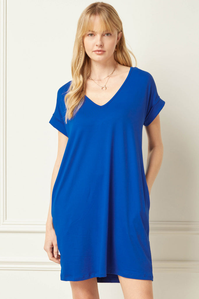 Entro Royal Blue Tee Shirt Dress With Rolled Sleeves And Pockets-Short Dresses-Entro-Deja Nu Boutique, Women's Fashion Boutique in Lampasas, Texas
