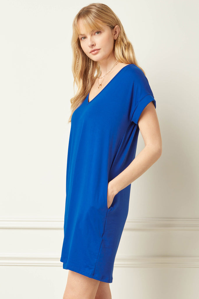Entro Royal Blue Tee Shirt Dress With Rolled Sleeves And Pockets-Short Dresses-Entro-Deja Nu Boutique, Women's Fashion Boutique in Lampasas, Texas