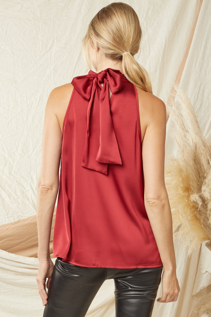 Entro Ruby Satin High Neck Halter With Sequin Front And Large Bow Closure-Tops-Entro-Deja Nu Boutique, Women's Fashion Boutique in Lampasas, Texas