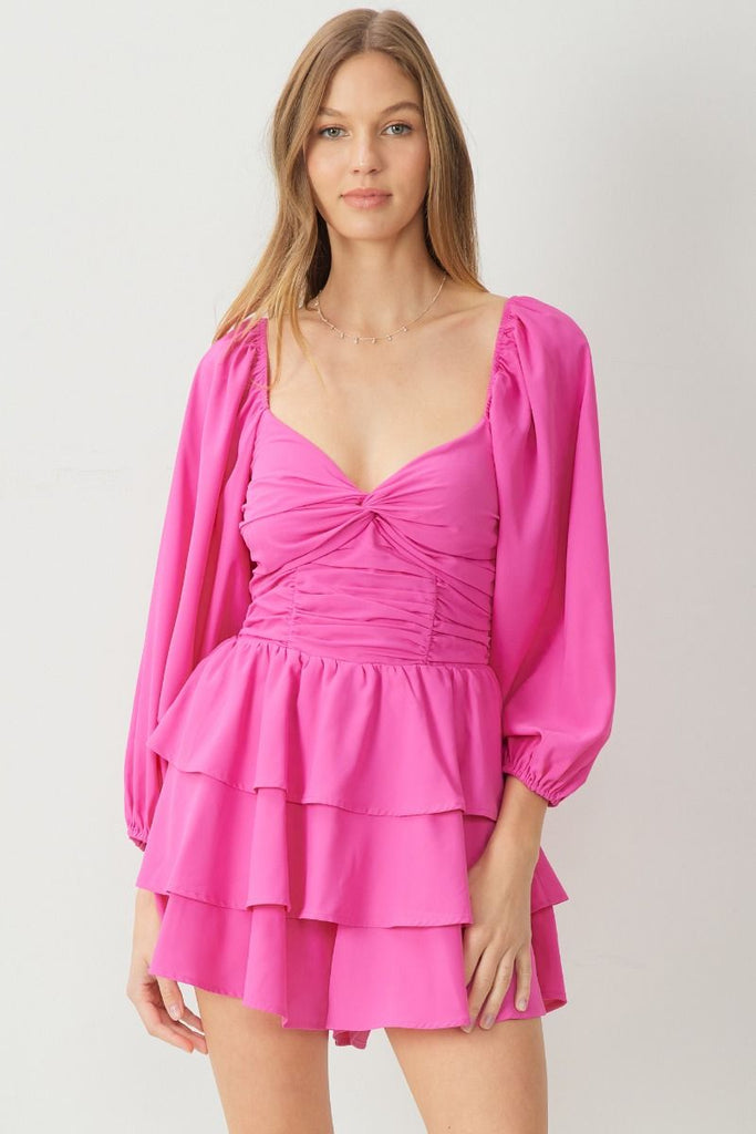 Entro Satin Twist Front Long Sleeve Tiered Romper In Pink-Rompers & Jumpsuits-Entro-Deja Nu Boutique, Women's Fashion Boutique in Lampasas, Texas