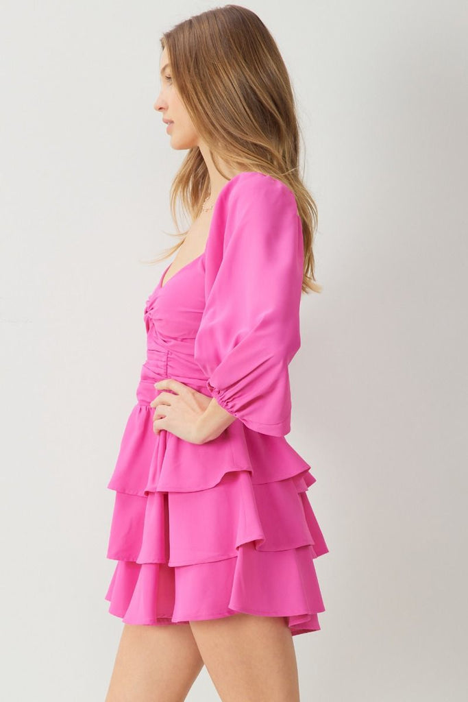 Entro Satin Twist Front Long Sleeve Tiered Romper In Pink-Rompers & Jumpsuits-Entro-Deja Nu Boutique, Women's Fashion Boutique in Lampasas, Texas