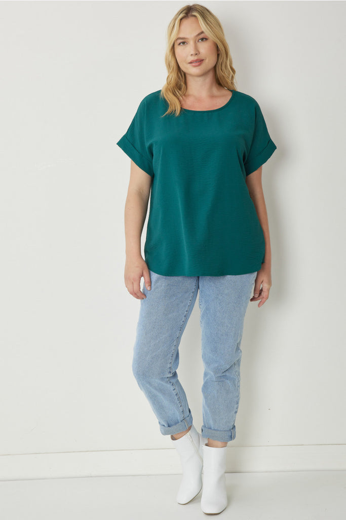 Entro Scoop Neck Blouse With Permanent Rolled Sleeves In Hunter Green Plus-Curvy/Plus Basics-Entro-Deja Nu Boutique, Women's Fashion Boutique in Lampasas, Texas