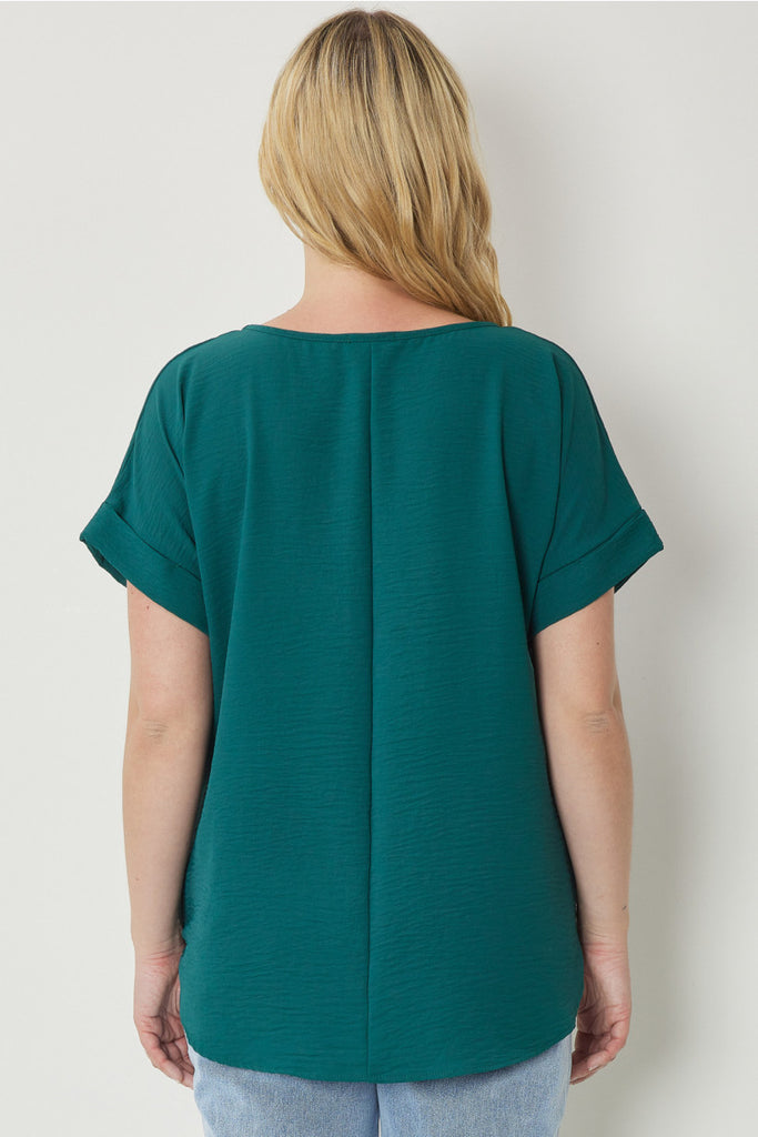 Entro Scoop Neck Blouse With Permanent Rolled Sleeves In Hunter Green Plus-Curvy/Plus Basics-Entro-Deja Nu Boutique, Women's Fashion Boutique in Lampasas, Texas