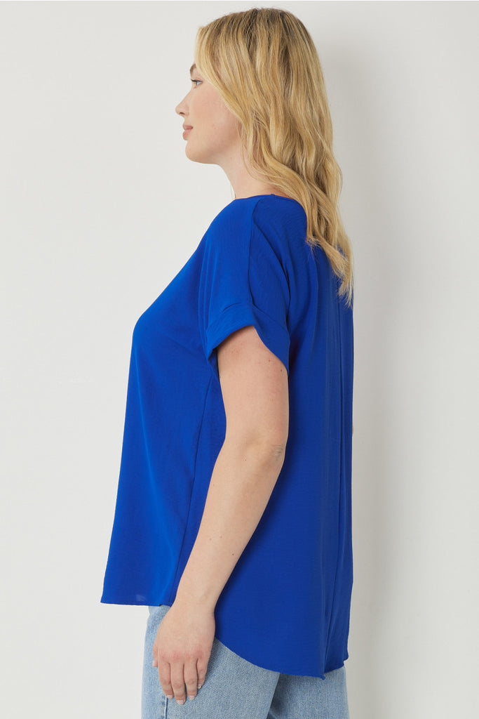Entro Scoop Neck Blouse With Permanent Rolled Sleeves In Royal Blue Plus-Curvy/Plus Basics-Entro-Deja Nu Boutique, Women's Fashion Boutique in Lampasas, Texas