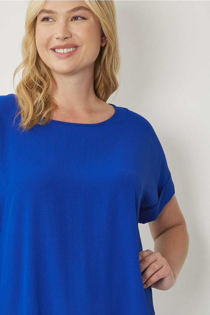 Entro Scoop Neck Blouse With Permanent Rolled Sleeves In Royal Blue Plus-Curvy/Plus Basics-Entro-Deja Nu Boutique, Women's Fashion Boutique in Lampasas, Texas