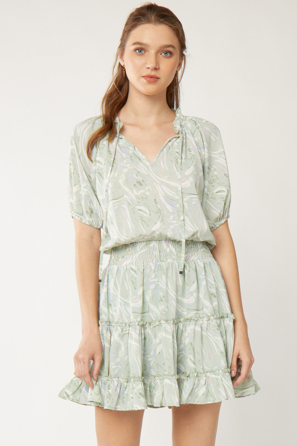 Entro Seafoam Printed Puff Sleeve Tiered Dress-Dresses-Entro-Deja Nu Boutique, Women's Fashion Boutique in Lampasas, Texas