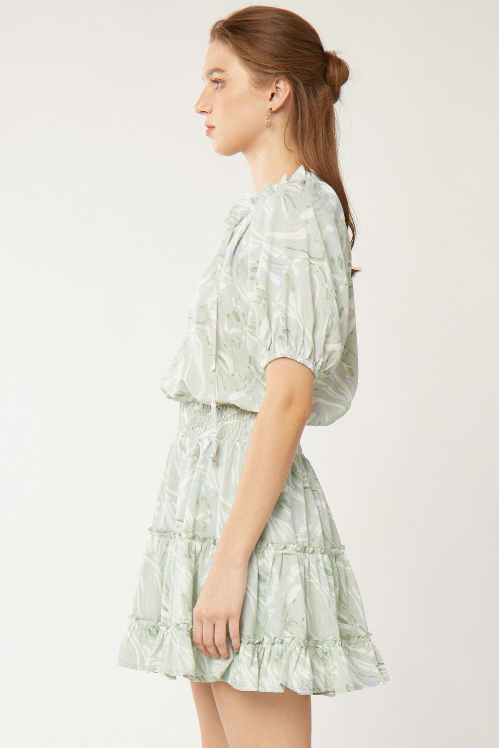 Entro Seafoam Printed Puff Sleeve Tiered Dress-Dresses-Entro-Deja Nu Boutique, Women's Fashion Boutique in Lampasas, Texas