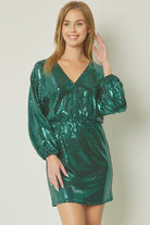 Entro Shiny Green Metallic Long Sleeve Mini Dress-Short Dresses-Entro-Deja Nu Boutique, Women's Fashion Boutique in Lampasas, Texas