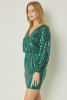 Entro Shiny Green Metallic Long Sleeve Mini Dress-Short Dresses-Entro-Deja Nu Boutique, Women's Fashion Boutique in Lampasas, Texas