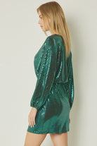 Entro Shiny Green Metallic Long Sleeve Mini Dress-Short Dresses-Entro-Deja Nu Boutique, Women's Fashion Boutique in Lampasas, Texas