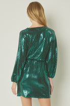 Entro Shiny Green Metallic Long Sleeve Mini Dress-Short Dresses-Entro-Deja Nu Boutique, Women's Fashion Boutique in Lampasas, Texas