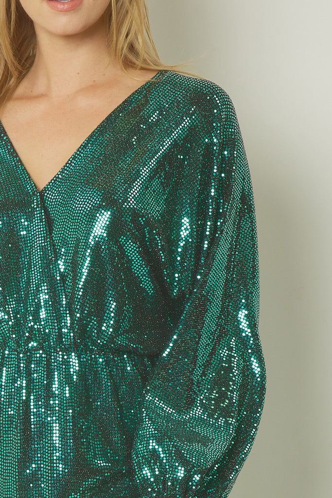 Entro Shiny Green Metallic Long Sleeve Mini Dress-Short Dresses-Entro-Deja Nu Boutique, Women's Fashion Boutique in Lampasas, Texas