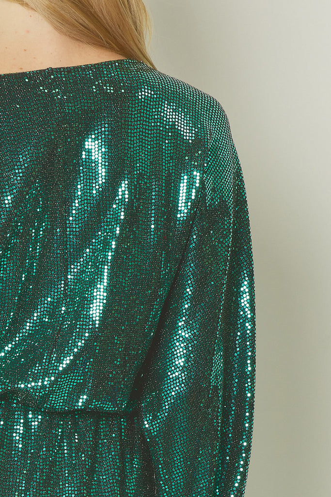 Entro Shiny Green Metallic Long Sleeve Mini Dress-Short Dresses-Entro-Deja Nu Boutique, Women's Fashion Boutique in Lampasas, Texas
