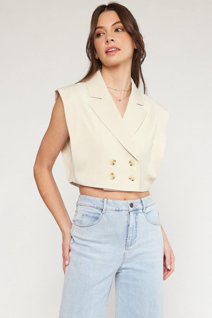 Entro Sleeveless Collared V Neckline Double Breasted Cropped Vest In Natural-Outerwear-Entro-Deja Nu Boutique, Women's Fashion Boutique in Lampasas, Texas