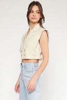 Entro Sleeveless Collared V Neckline Double Breasted Cropped Vest In Natural-Outerwear-Entro-Deja Nu Boutique, Women's Fashion Boutique in Lampasas, Texas