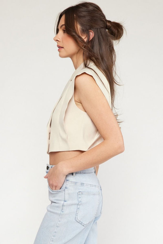 Entro Sleeveless Collared V Neckline Double Breasted Cropped Vest In Natural-Outerwear-Entro-Deja Nu Boutique, Women's Fashion Boutique in Lampasas, Texas