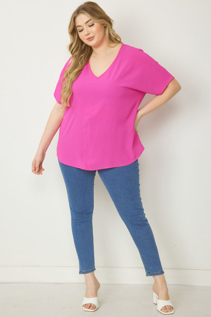Entro Solid V-Neck Top Featuring Asymmetric Rounded Hem In Hot Pink Plus-Curvy/Plus Basics-Entro-Deja Nu Boutique, Women's Fashion Boutique in Lampasas, Texas