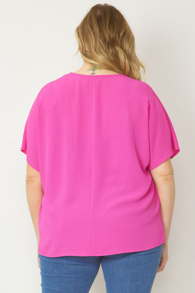 Entro Solid V-Neck Top Featuring Asymmetric Rounded Hem In Hot Pink Plus-Curvy/Plus Basics-Entro-Deja Nu Boutique, Women's Fashion Boutique in Lampasas, Texas