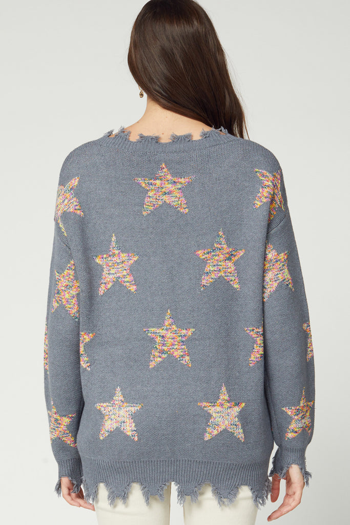 Entro Star Print Distressed Sweater-Sweaters-Entro-Deja Nu Boutique, Women's Fashion Boutique in Lampasas, Texas