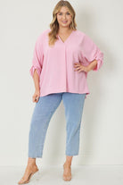 Entro V- Neck Blouse With Half Sleeve Detailing In Baby Pink-Curvy/Plus Blouses-Entro-Deja Nu Boutique, Women's Fashion Boutique in Lampasas, Texas