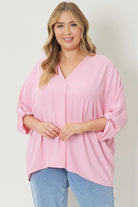 Entro V- Neck Blouse With Half Sleeve Detailing In Baby Pink-Curvy/Plus Blouses-Entro-Deja Nu Boutique, Women's Fashion Boutique in Lampasas, Texas