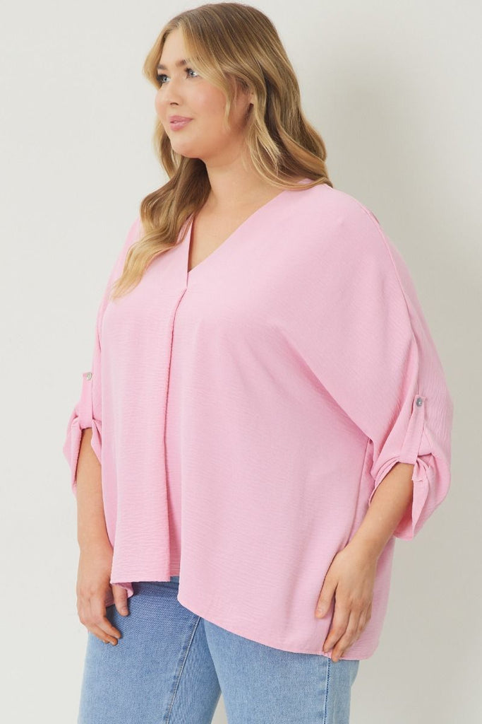 Entro V- Neck Blouse With Half Sleeve Detailing In Baby Pink-Curvy/Plus Blouses-Entro-Deja Nu Boutique, Women's Fashion Boutique in Lampasas, Texas