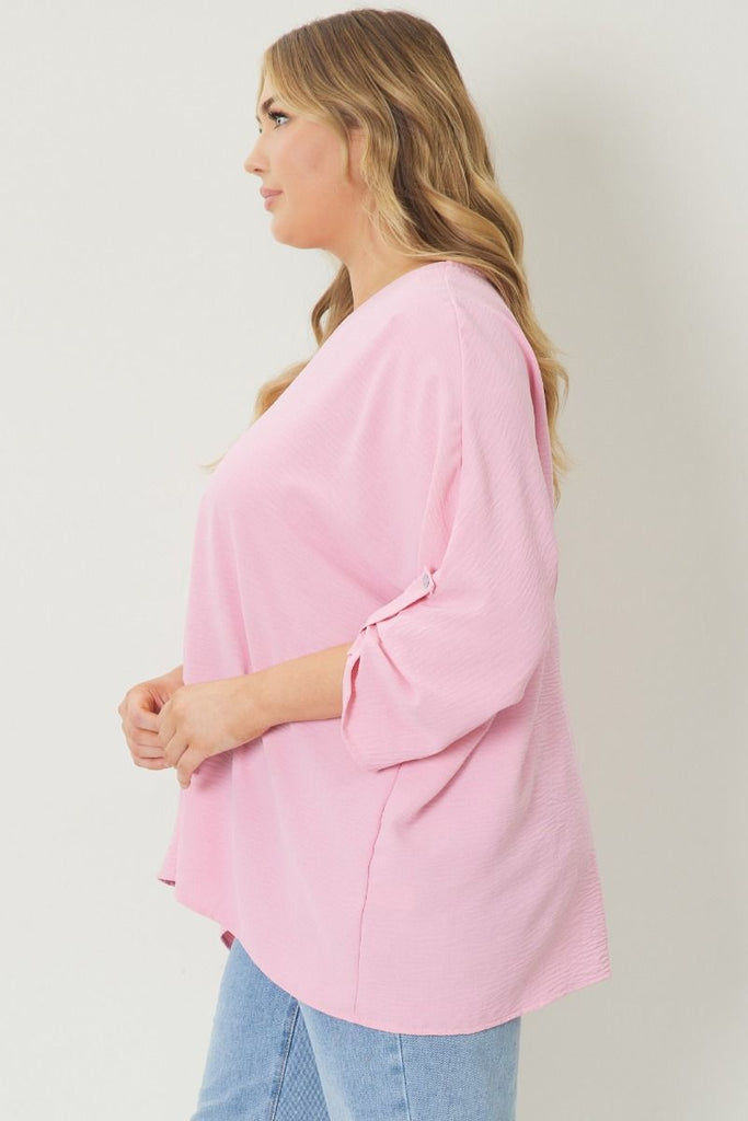Entro V- Neck Blouse With Half Sleeve Detailing In Baby Pink-Curvy/Plus Blouses-Entro-Deja Nu Boutique, Women's Fashion Boutique in Lampasas, Texas