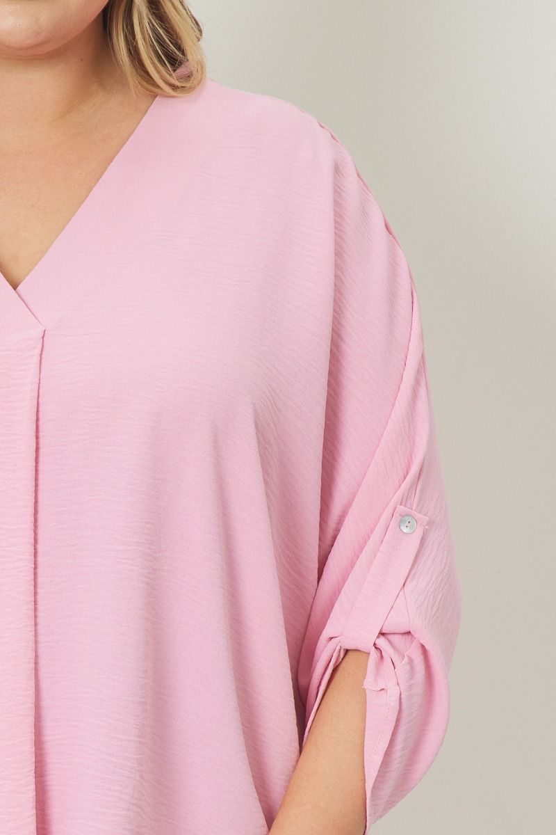 Entro V- Neck Blouse With Half Sleeve Detailing In Baby Pink-Curvy/Plus Blouses-Entro-Deja Nu Boutique, Women's Fashion Boutique in Lampasas, Texas