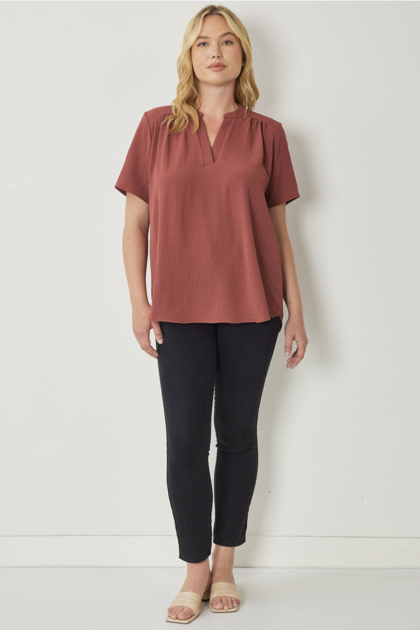 Entro V Neck Blouse With Placket Detail In Red Brown Plus-Curvy/Plus Blouses-Entro-Deja Nu Boutique, Women's Fashion Boutique in Lampasas, Texas