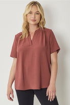 Entro V Neck Blouse With Placket Detail In Red Brown Plus-Curvy/Plus Blouses-Entro-Deja Nu Boutique, Women's Fashion Boutique in Lampasas, Texas