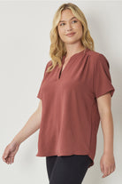 Entro V Neck Blouse With Placket Detail In Red Brown Plus-Curvy/Plus Blouses-Entro-Deja Nu Boutique, Women's Fashion Boutique in Lampasas, Texas