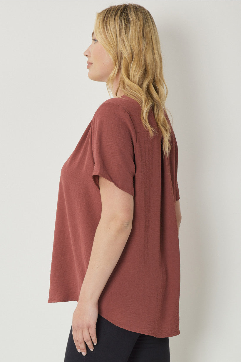 Entro V Neck Blouse With Placket Detail In Red Brown Plus-Curvy/Plus Blouses-Entro-Deja Nu Boutique, Women's Fashion Boutique in Lampasas, Texas