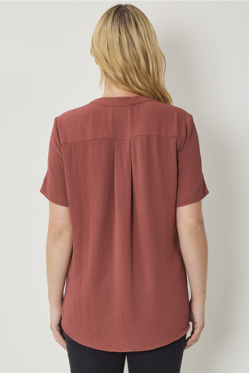 Entro V Neck Blouse With Placket Detail In Red Brown Plus-Curvy/Plus Blouses-Entro-Deja Nu Boutique, Women's Fashion Boutique in Lampasas, Texas