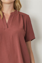 Entro V Neck Blouse With Placket Detail In Red Brown Plus-Curvy/Plus Blouses-Entro-Deja Nu Boutique, Women's Fashion Boutique in Lampasas, Texas