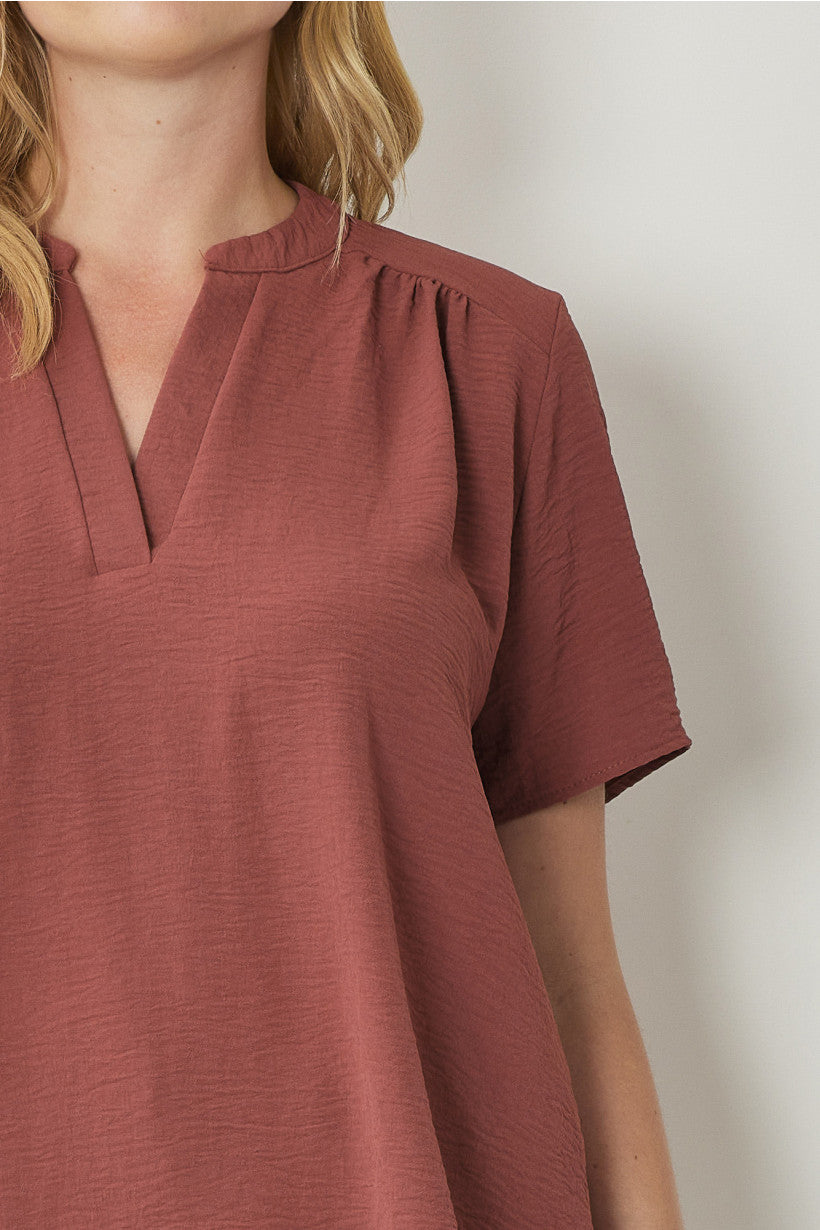 Entro V Neck Blouse With Placket Detail In Red Brown Plus-Curvy/Plus Blouses-Entro-Deja Nu Boutique, Women's Fashion Boutique in Lampasas, Texas